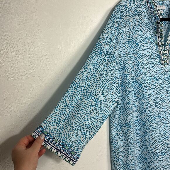 Foxcroft Border Trim Cotton Wrinkle Free Tunic Top In Lagoon Multi Size 18 - Picture 3 of 9